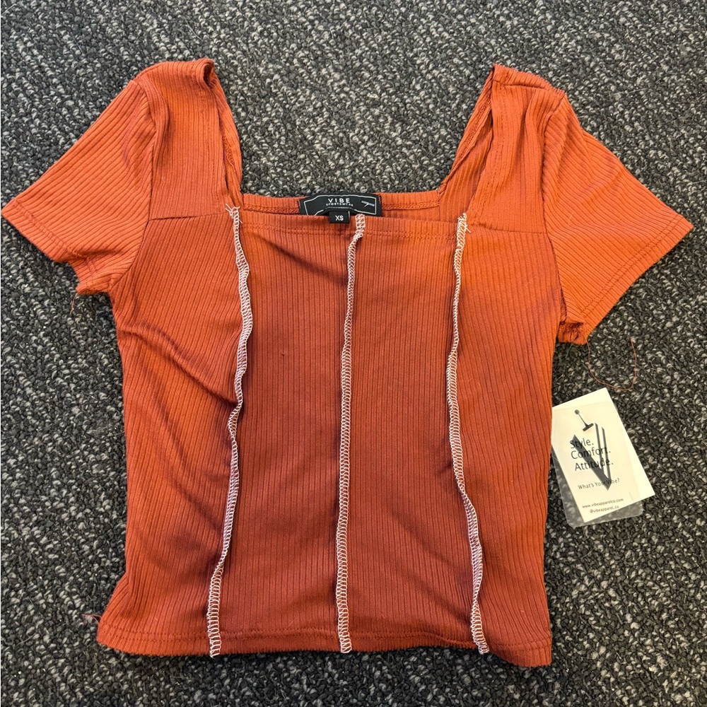 Orange Fitted Ribbed Short Sleeve Blouse